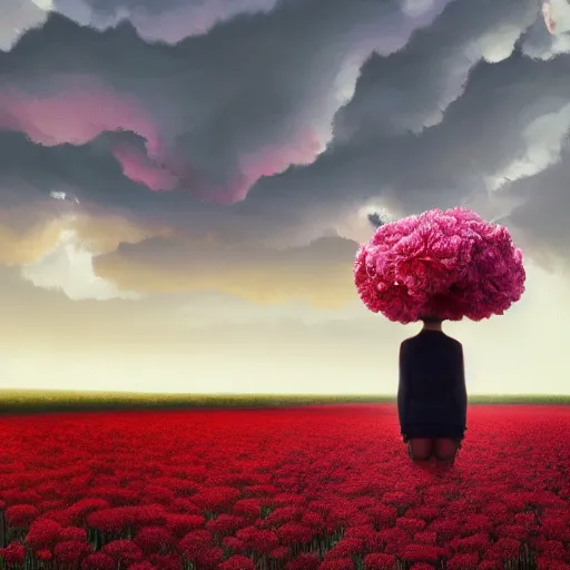 Image similar to head made of carnations flower, girl standing in a vast flower field, surreal photography, sunrise dramatic light, impressionist painting, colorful clouds, large sky, digital painting, artstation, simon stalenhag, flower face