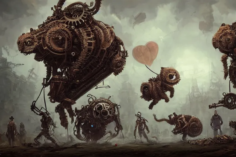 Image similar to steampunk family fighting a horde of crazy killer cyborg lovecraftian koalas, 3d scene, render, ultra realistic, zenith view, Greg Rutkowski, artstation, cgsociety, unreal engine, ray tracing, detailed illustration, hd, 4k, digital art, overdetailed art, concept art, complementing colors, Trending on artstation, deviantart