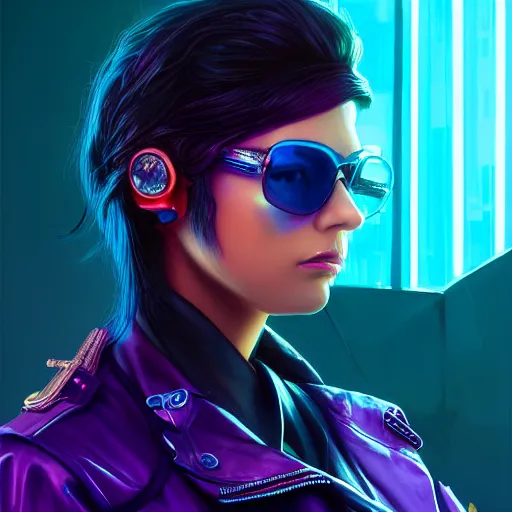 Image similar to very detailed masterpiece closeup painting of a very beautiful young mexican cyberpunk woman with light blue shutter shades, one side haircut, dark purple hair, purple leather jacket, portrait, synthwave background, artstation, concept art by greg rutkowski