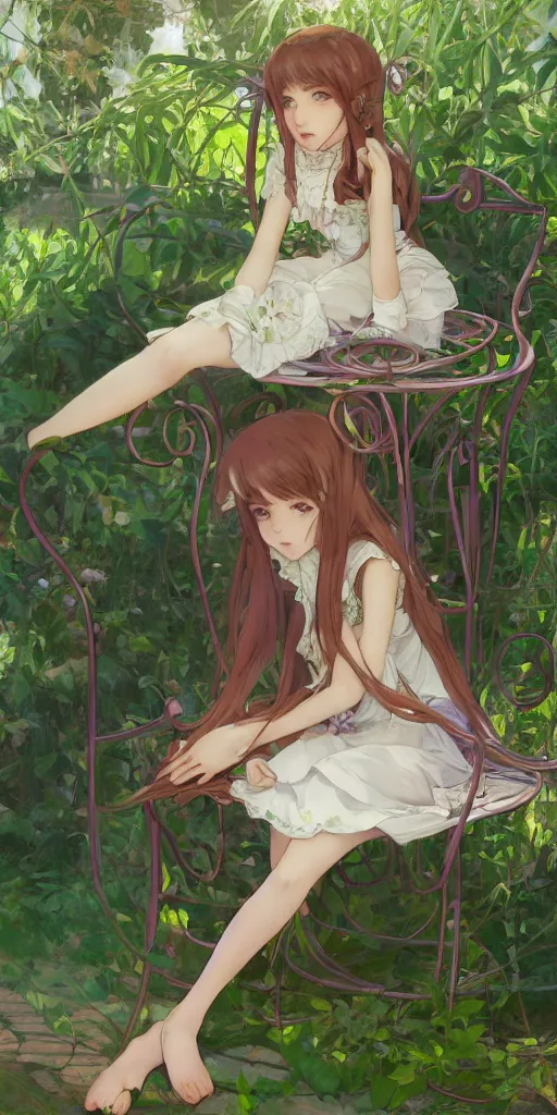 Image similar to a digital art of a loli with long hair in a dress sitting on a metal garden chair in the privet garden at afternoon, green and warm theme, back lighting, by krenz cushart and mucha and greg rutkowski and makoto shinkai, extremely long shot, detailed eyes, 4 k resolution, trending on art station