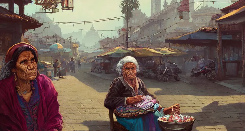 Prompt: highly detailed portrait old woman guatemala vendor in gta v, street market, happy ambience, stephen bliss, unreal engine, fantasy art by greg rutkowski, loish, rhads, ferdinand knab, makoto shinkai and lois van baarle, ilya kuvshinov, rossdraws, tom bagshaw, global illumination, detailed and intricate environment