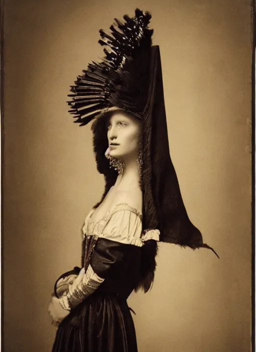 Prompt: portrait of young woman in renaissance dress and renaissance headdress, art by irving penn