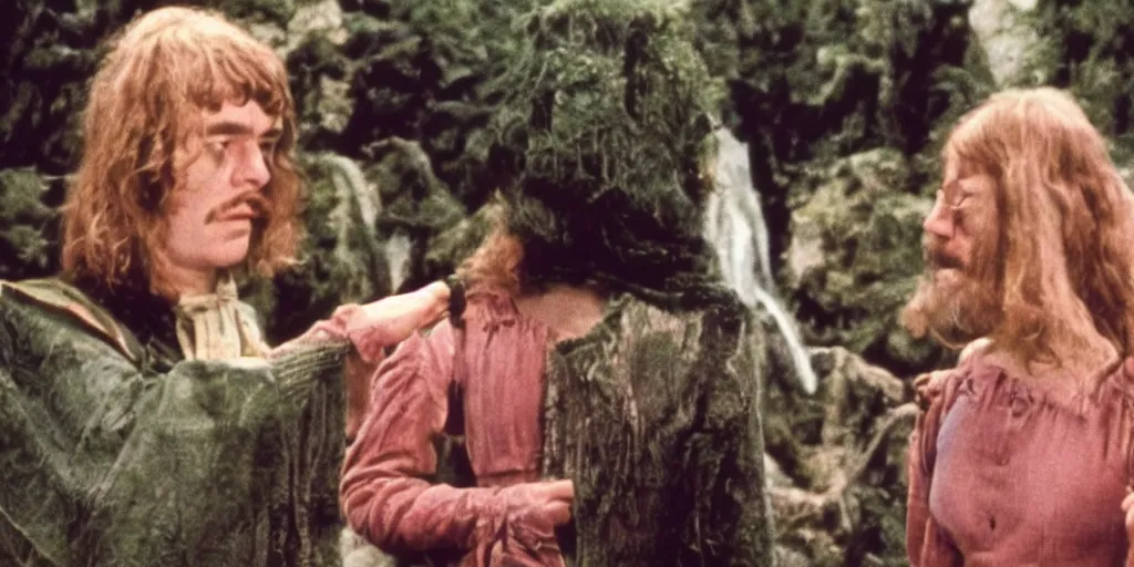 Image similar to A full color still from a Stanley Kubrick film featuring Rivendell, 35mm, 1975