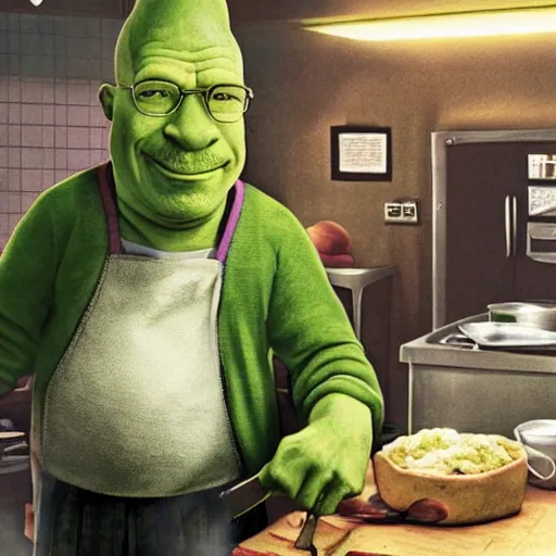 Prompt: Walter White cooking with Shrek, concept art, hyperrealistic, professional photograph