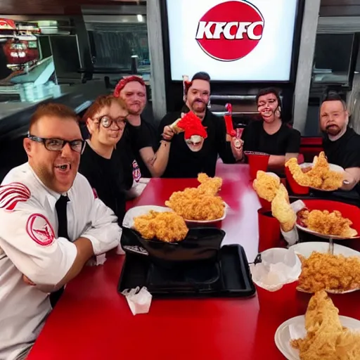 Prompt: the ghostbuster crew eating at kfc