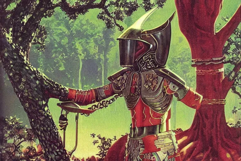 Prompt: 1979 OMNI Magazine Cover of a Druidic elf with armor by a cherry tree in Neo-Kyoto in cyberpunk style by Vincent Di Fate