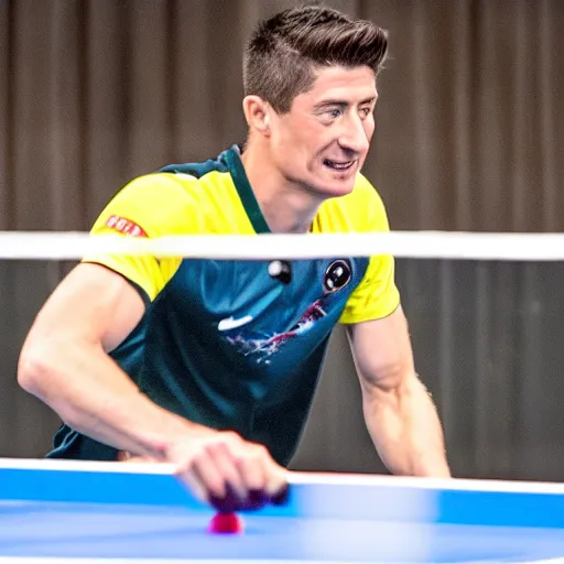 Image similar to Robert Lewandowski playing table tennis on a tournament, table tennis racquet in his hand, high quality news photography