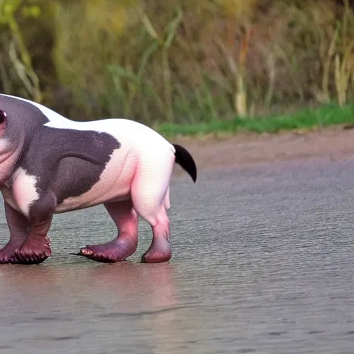 Image similar to chihuahua - hippopotamus hybrid creature walking a tight rope