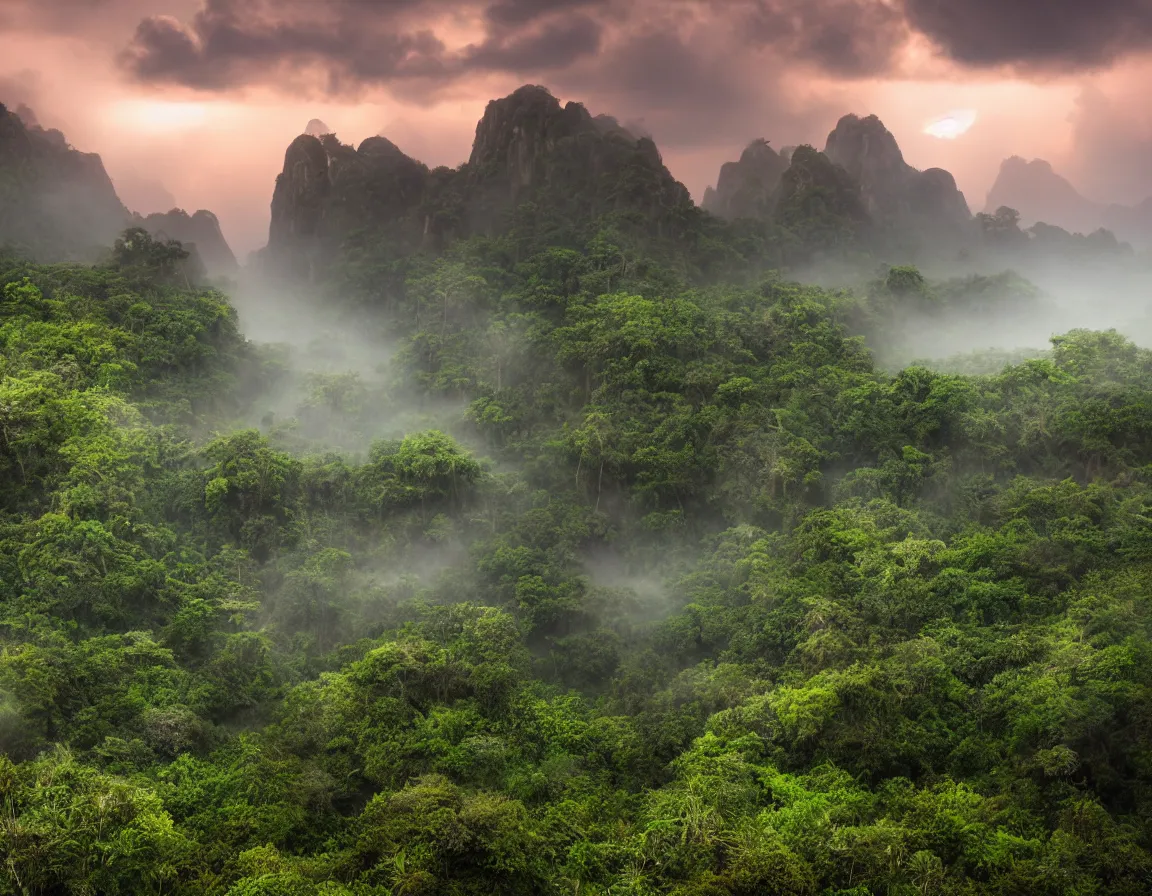 Prompt: very detailed photograph of an elaborate ancient jungle valley with jagged rocks and peaks, misty at sunset with volumetric lighting. sunlit cumulonimbus storm clouds float over. lush foliage, grasses cover the ground. atmospheric haze, radiosity