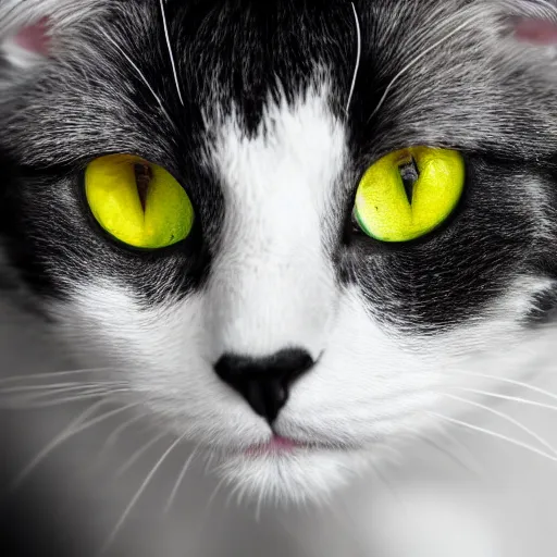 Prompt: a black and white cat highschool yearbook photo colorful bright green eyes, medium shot, hd, 8k, hyper-realism, detailed, octane 8k,