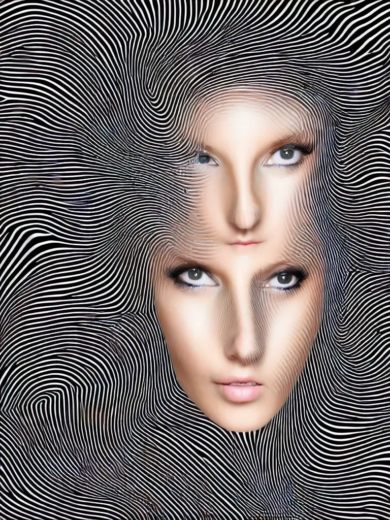 Image similar to a beautiful female face emerging from illusory motion dazzle camouflage perlin noise optical illusion