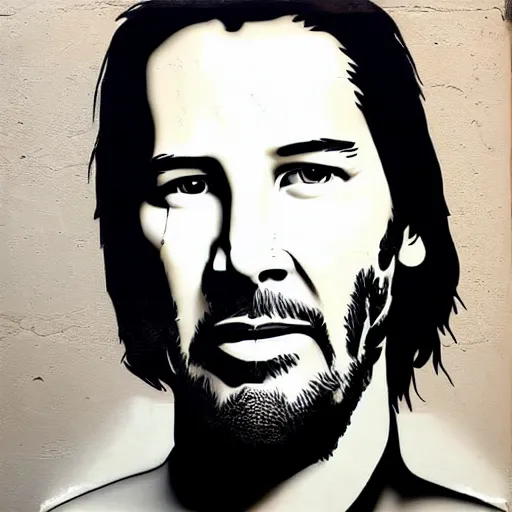 Image similar to Street-art portrait of Keanu Reeves in style of Banksy, photorealism