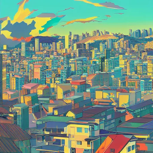 Prompt: wharf, colorful buildings, city on mountainside in distance, japanese city, cel - shading, 2 0 0 1 anime, flcl, jet set radio future, the world ends with you, sunshine, cel - shaded, strong shadows, vivid hues, y 2 k aesthetic, art by artgerm