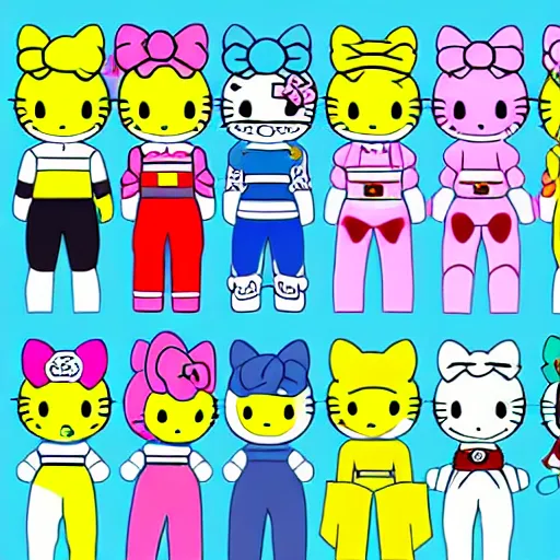Prompt: hello kitty characters as power rangers, god rays