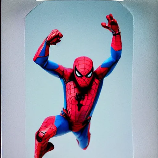 Image similar to a single iron man and spider - man hybrid, dslr, polaroid