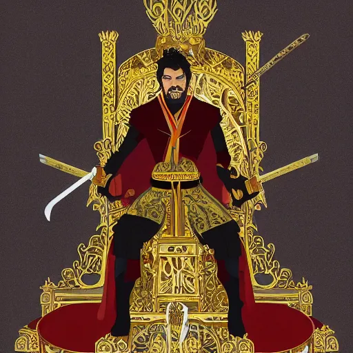 Prompt: modern self portrait of man sitting on throne, legs crossed, while holding a sword, white man, hispanic, brown hair, light skin, golden throne, sharp, marker, red robes, 8 k, hi - rez, clear, brown eyes, colored, green plants and golden background, sun in the sky, palace scenery, sharp, illustrated byyoji shinkawa