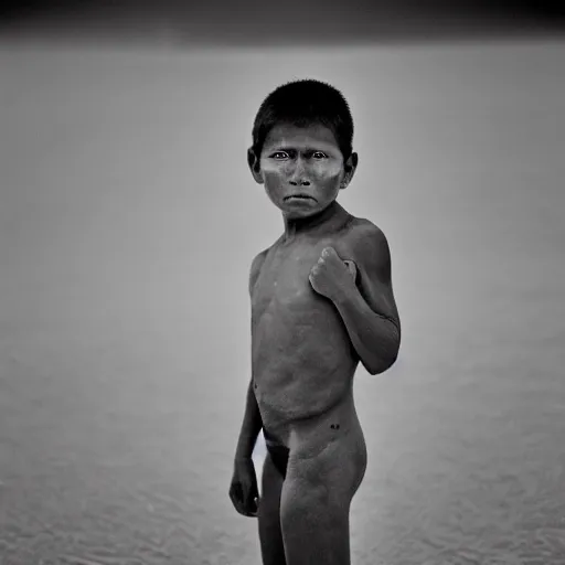 Image similar to photos of indigenous boy staring into the camera, distended abdomen, standing on a salt flat, highly detailed, muted gray brown colors, by national geographic