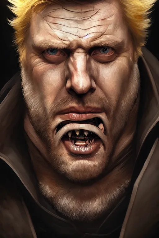 Image similar to Boris Johnson as Wolverine, portrait, skull on the chest, highly detailed, digital painting, artstation, concept art, smooth, sharp focus, illustration, cinematic lighting, art by artgerm and greg rutkowski and alphonse mucha