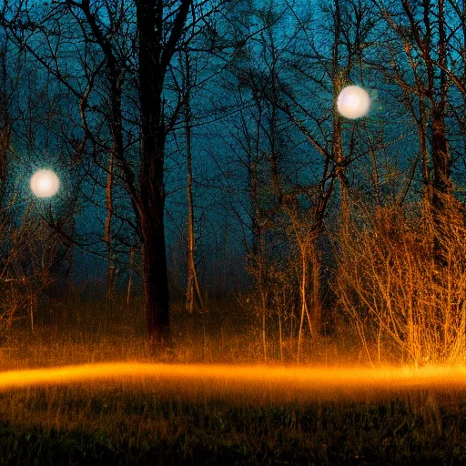 Image similar to forrest illuminated by glowing spheres, mist on ground, dramatic, night, 5 5 mm