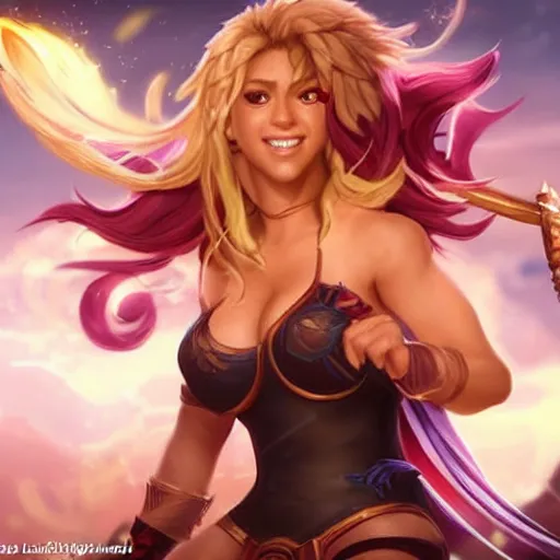 Image similar to shakira as a character in the game league of legends, with a background based on the game league of legends, detailed face