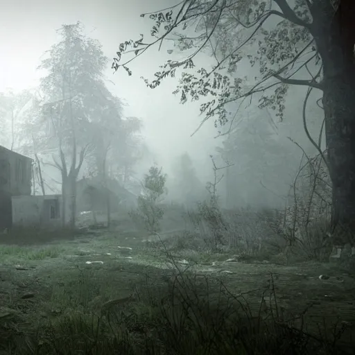 Prompt: a abounded village in the middle of a forest, creepy atmosphere, realistic, hdr, clear image, hdd, dynamic lighting