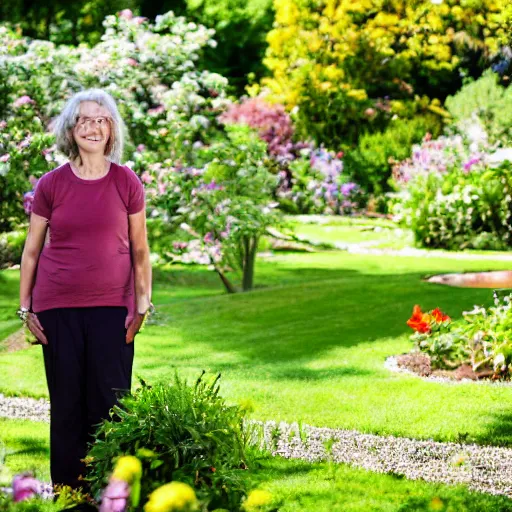 Image similar to mom in a mansion garden, 8 k, high resolution, sun,