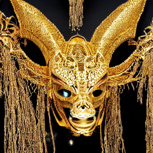 Prompt: metallic head of Behemoth, surrounded by intricate gold lace metalwork on a black smokey background metallic, accent lighting, glowing, gold