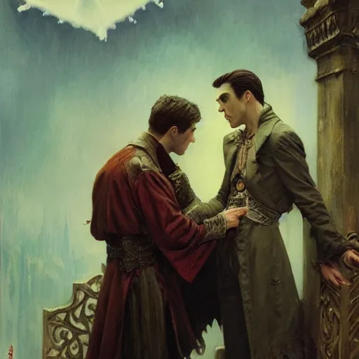 Prompt: attractive male, arthur pendragon confesses his love to attractive male dracula the vampire. highly detailed painting by gaston bussiere, craig mullins, j. c. leyendecker 8 k