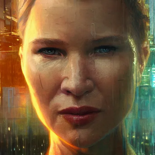 Image similar to renee zellweger, hyperrealistic portrait, bladerunner street, art of elysium by jeremy mann and alphonse mucha, fantasy art, photo realistic, dynamic lighting, artstation, poster, volumetric lighting, very detailed face, 4 k, award winning