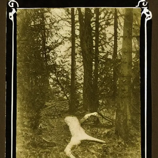 Prompt: ghastly creature in the woods, 1900s picture