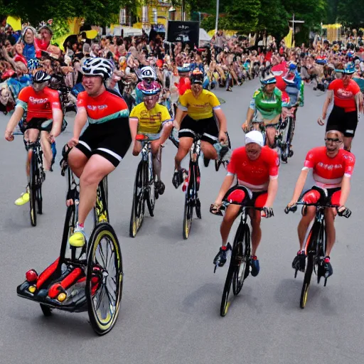 Prompt: sports photo of troupe of clowns on unicycles in a bunch sprint at tour de france