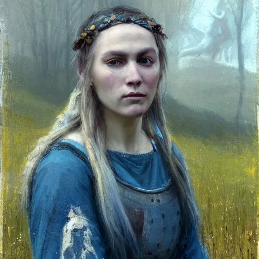 Image similar to Richard Schmid and Jeremy Lipking full length head and body portrait painting of A shield-maiden (Old Norse: skjoldmø [ˈskjɑldˌmɛːz̠]) was a female warrior from Scandinavian folklore and mythology. Shield-maidens are often mentioned in sagas such as Hervarar saga ok Heiðreks and in Gesta Danorum. They also appear in stories of other Germanic peoples: Goths, Cimbri, and Marcomanni.[1] The mythical Valkyries may have been based on such shield-maidens. She carries a shield on one arm, and a spear in her other hand