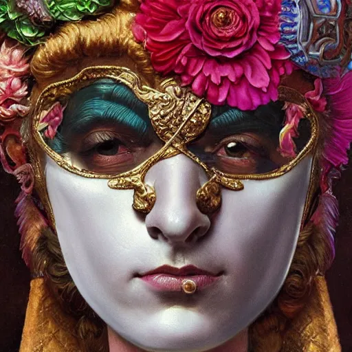 Prompt: a baroque neoclassicist close - up renaissance portrait of a carnivale facemask made from flowers, reflective detailed textures, highly detailed fantasy science fiction painting by moebius, norman rockwell, frank frazetta, and syd mead. rich colors, high contrast. artstation