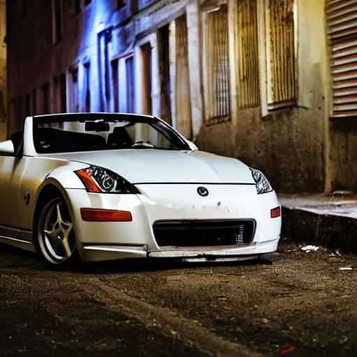 Prompt: decaying white 350z roadster abandoned in alley night time decrepit shot from bladeruner 2049 soft lighting dark shadows beautiful 10mm camera Ryan Church