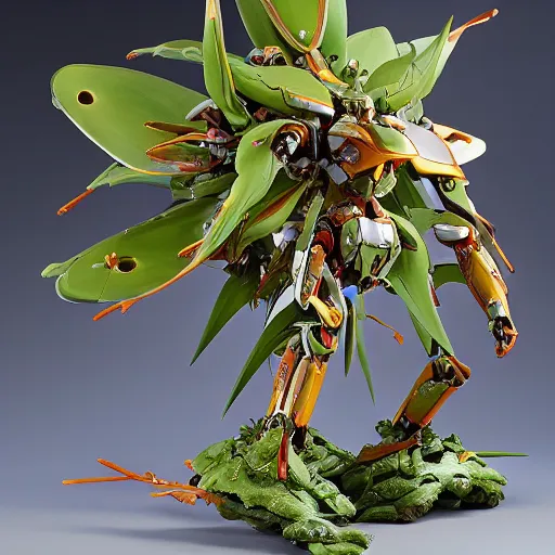 Image similar to futuristic couroupita guianensis mecha cannonball tree body, sepals forming helmet, floral details, couroupita, 8 k hd resolution, barbatos gundam with floral inlay, bandai box art, star wars, makoto kobayashi, frank gehry, raymond swanland