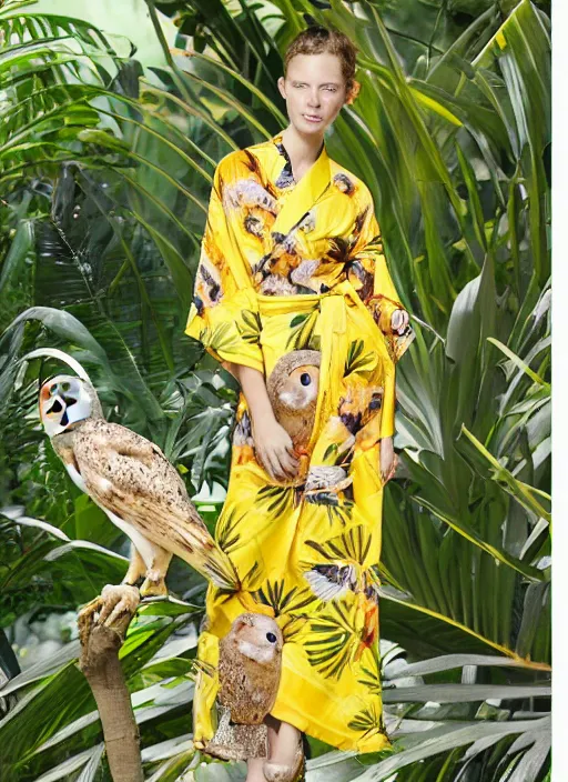 Image similar to amazing portrait photograph of an elegant top model wearing a yellow kimono with a very detailed barn owl on her shoulder!!! in a tropical greenhouse. looking at the camera!!. super resolution. Extremely detailed. art by Rineke Dijkstra.