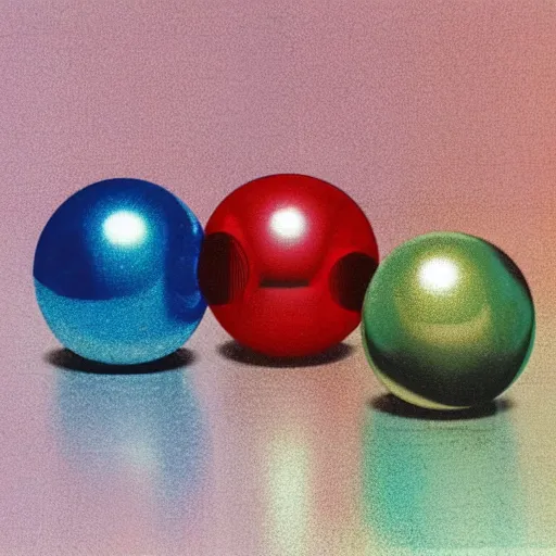 Prompt: chrome spheres on a red cube, deluxe paint iv