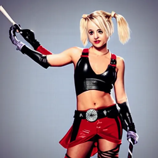 Image similar to A still of Kaley Cuoco as Harley Quinn, full-figure