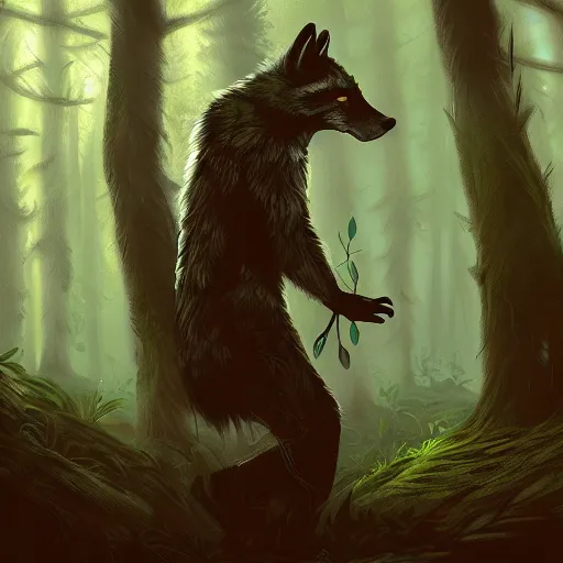 Image similar to a woodland druid in a forest with a wolf bird and racoon, photorealistic, in the style of greg rutkowski, digital painting