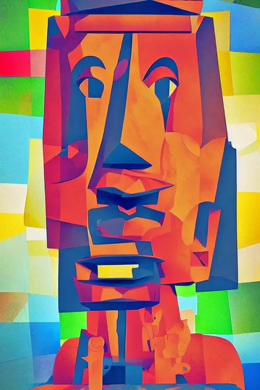 Image similar to cubist moai statue cutout digital illustration cartoon colorful beeple