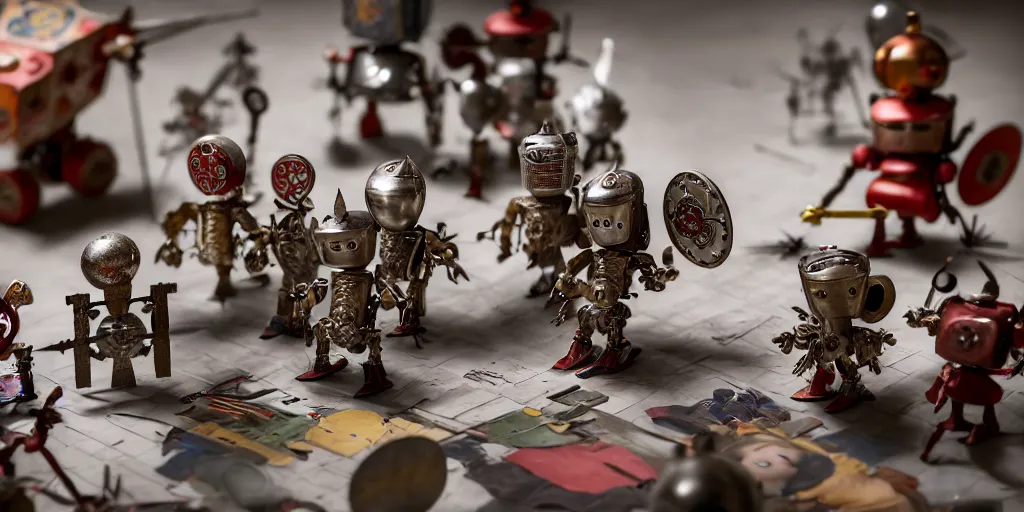 Image similar to closeup portrait of tin toy medieval knights fighting robots on white paper table in an artist workshop, depth of field, zeiss lens, detailed, centered, fashion photoshoot, by nicoletta ceccoli, mark ryden, lostfish, breathtaking, 8 k resolution, extremely detailed, beautiful, establishing shot, artistic, hyperrealistic, octane render