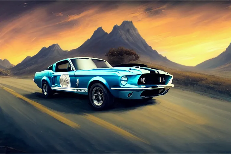 Image similar to a 1 9 6 7 shelby gt 5 0 0 driving down a long country road, coriolios rpg art style, full of details, warm sunset colors, matte painting, artstation, 8 k, hyperrealistic, style of peter mohrbacher, album cover, extreme long shot, mountains, panoramic, wide shot