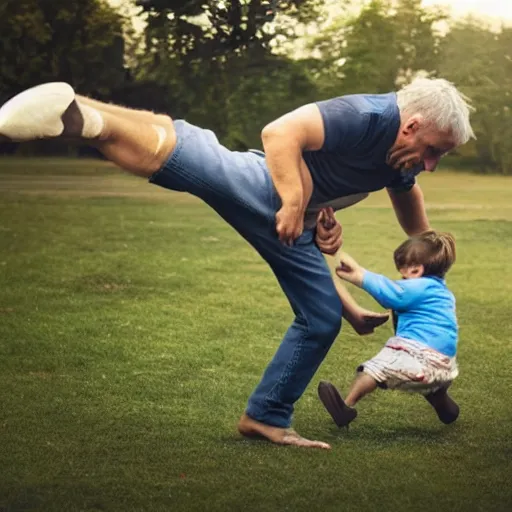 Prompt: man kicking a child