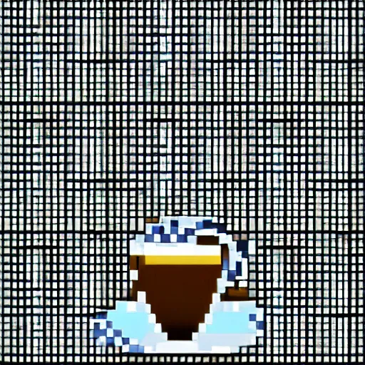 Image similar to A cup of coffee reflecting the surroundings in an alley, Pixel Art, Closeup