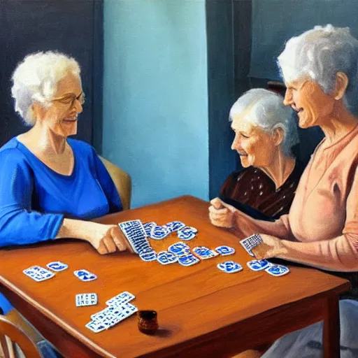 Prompt: 2 old ladies in a blue and brown shirt and a woman playing cards in a commieblock apartment, still life painting, high detail, oil painting