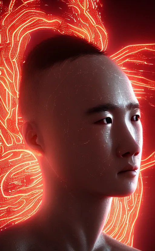 Image similar to an intricate, detailed face of a asian boy, skin made of electronic glowing circuits with laserbeams transporting energy, ferrofluids in background, unreal engine, trending on artstation, bladerunner 2049