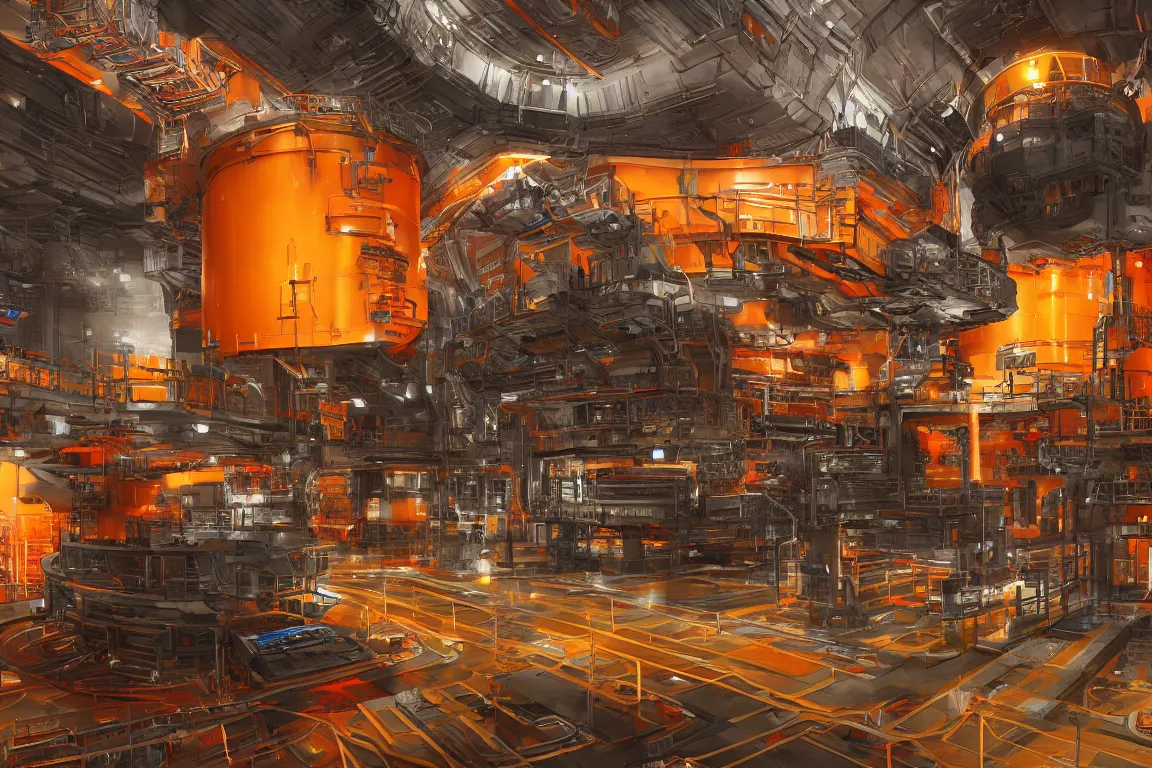 Prompt: warm colors, high contrast, hyperreal, deep space dock mining platform with massive piping, inspired by nuclear reactor core, oblivion, volumetric lighting