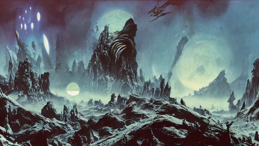 Image similar to eerie alien planet empire by frank frazetta and bruce pennington, cinematic matte painting