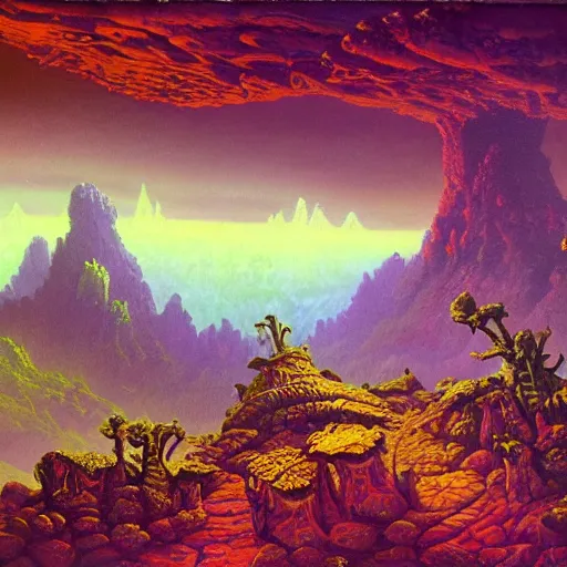 Image similar to alien landscape terrain with mountains and strange plants in the style of Paul Lehr detailed painting