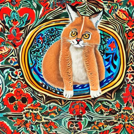 Image similar to cute fluffy caracal as mexican talavera, louvre, istock